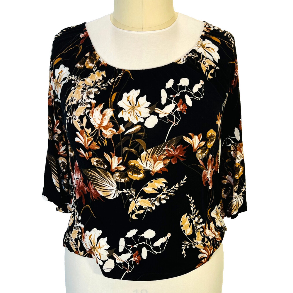 Lascana Venus Blouse Womens L Black Brown Floral Bell Sleeve Flare Hem Gathered